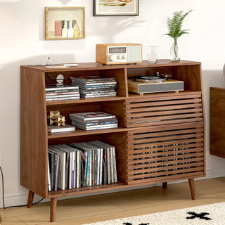 Mid-Century Record Player Stand with Charging Station and Large Vinyl Record Storage