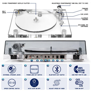 High Fidelity Transparent Bluetooth Out Turntable with ATN3600L Stylus ICE1 - Retrolife Official Store