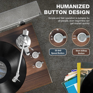 Wooden turntable with vinyl record, speed and start-stop buttons, modern design on carpet