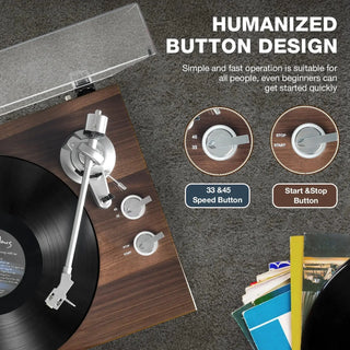Wooden turntable with vinyl record, speed and start-stop buttons, modern design on carpet