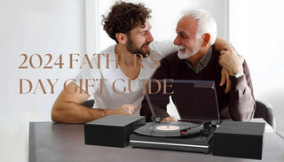 Father and son smiling by a classic turntable hifi system, 2024 Father's Day Gift Guide
