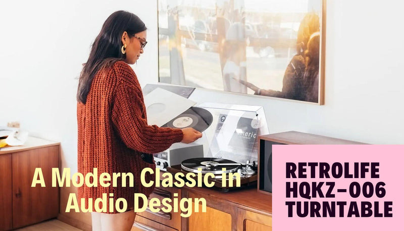 Woman using Retrolife HQKZ-006 turntable in modern living room with large window.