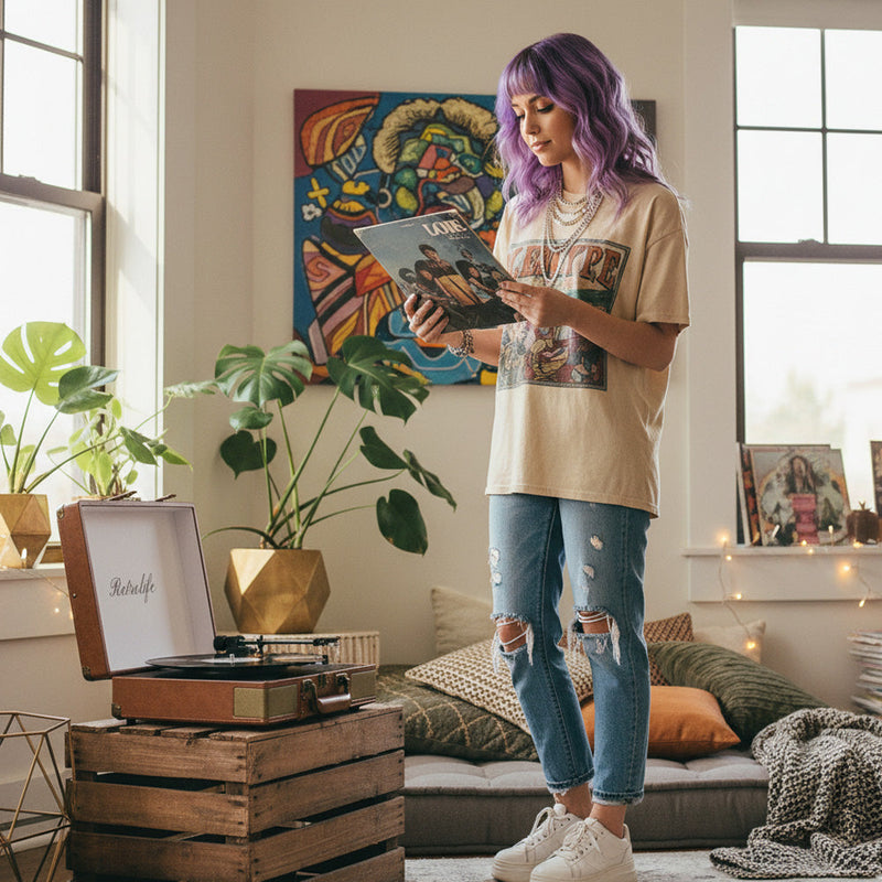 Woman with purple hair holding vinyl record near all-in-one record player in cozy home