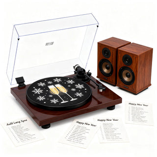 Turntable with champagne glass design, wooden speakers, and New Year's Eve song playlists