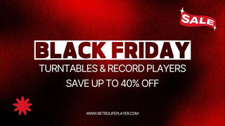 Black Friday sale banner for turntables and record players, save up to 40% off, red background.