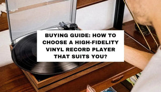 Close-up of a vinyl record player on a wooden shelf, with buying guide text overlay.