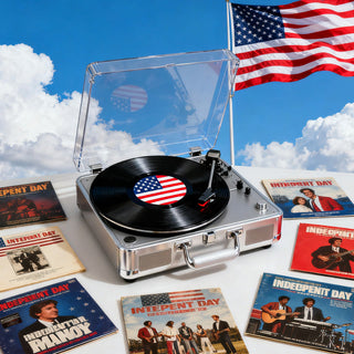 Record player with American flag vinyl, Independence Day albums, and US flag outdoors
