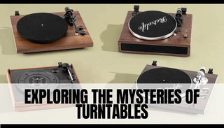 Four modern turntables with wood finishes and black platters on a beige background