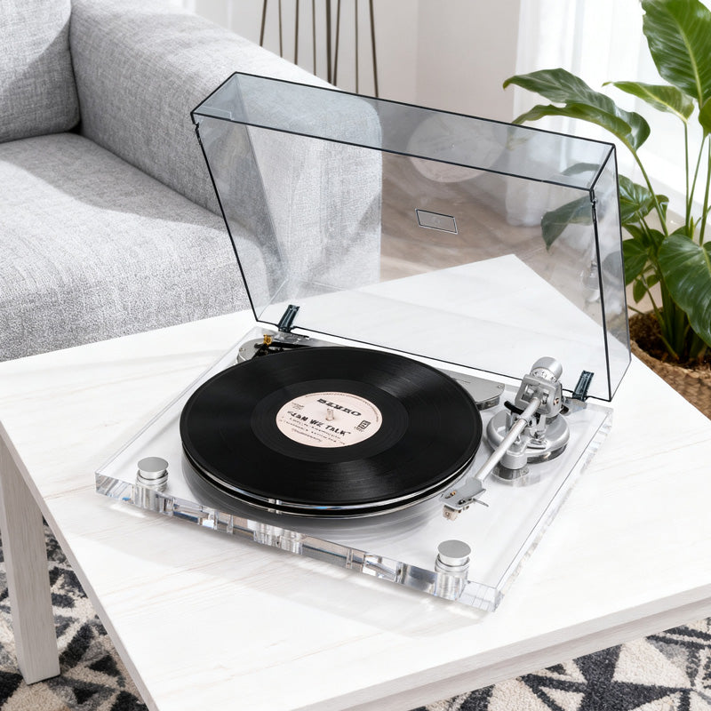 Transparent Retrolife ICE1 vinyl record player on white table in modern living room