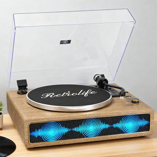 Retrolife record player with wood finish, clear dust cover, and blue LED sound waves