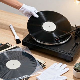 Gloved hand placing vinyl record on turntable with cleaning brush and protective sleeve nearby