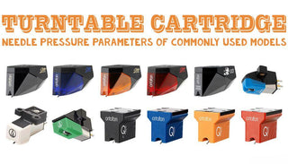 Assorted turntable cartridges and stylus models with text about needle pressure parameters.