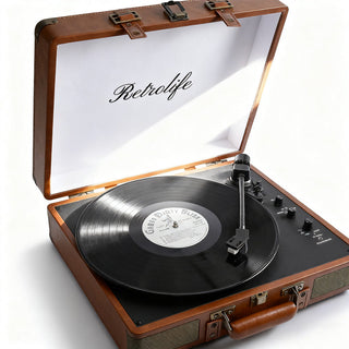 Vintage suitcase record player with vinyl album, Retrolife brand on lid, white background