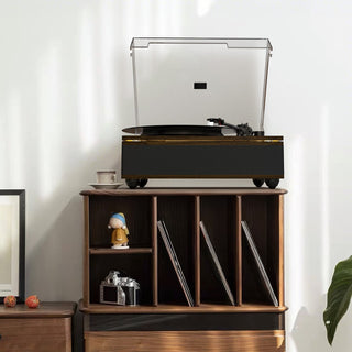 Modern record player on wooden cabinet with vinyl records and vintage camera in cozy room