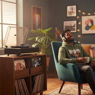 Man relaxing with headphones in a modern living room beside an all-in-one record player