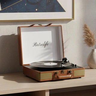 Retrolife record player with speakers on a wooden table, vinyl spinning, home decor