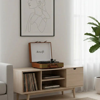 Retrolife record player with speakers on wood cabinet, vinyl records, minimal living room