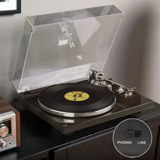 Retrolife HQKZ-006 turntable with vinyl record, dust cover, PHONO and LINE switch
