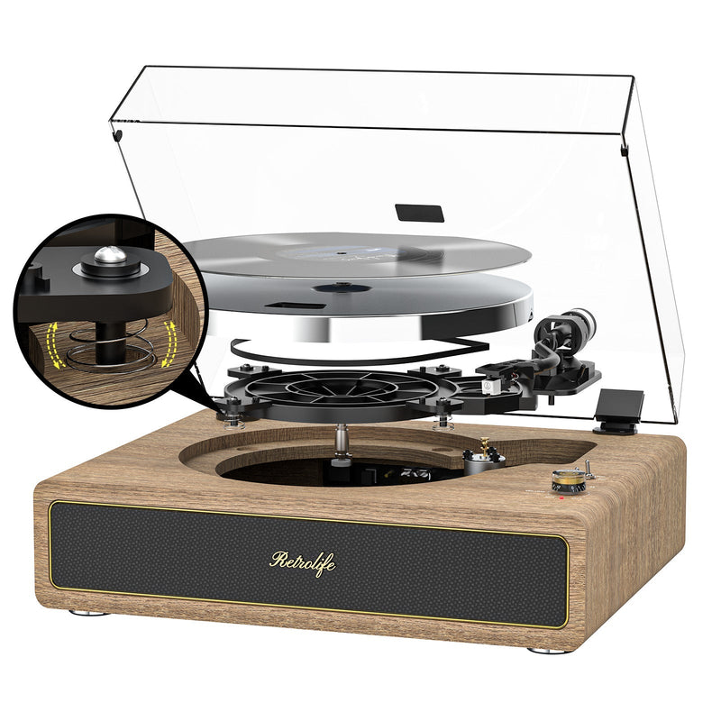 Retrolife R517 Bluetooth record player with built-in speakers and transparent dust cover