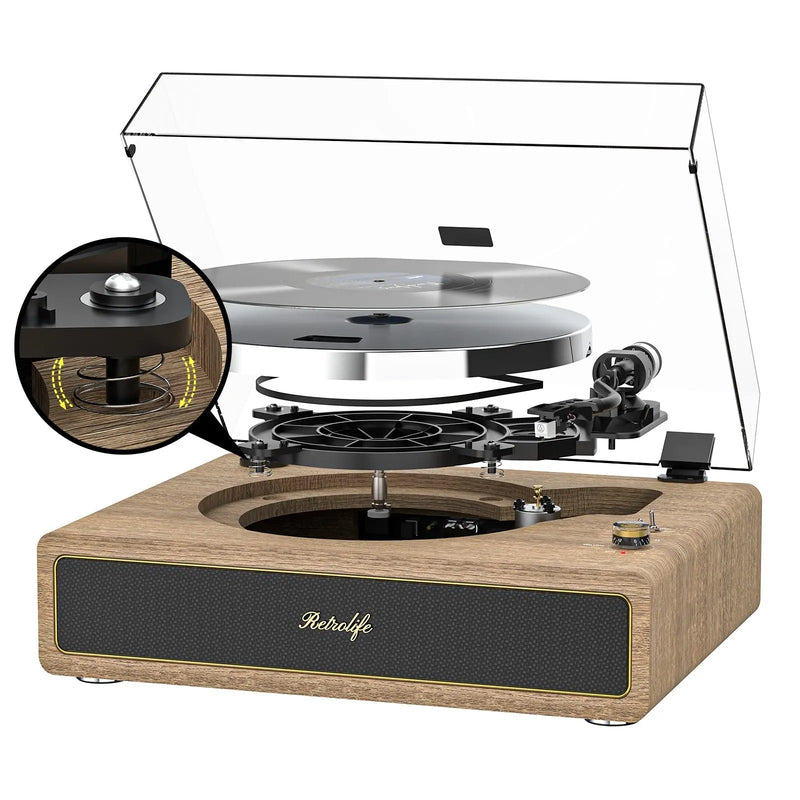 Retrolife R517 Bluetooth record player with built-in speakers and transparent dust cover