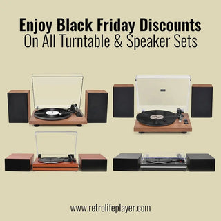 Black Friday sale ad showing four turntable and speaker sets from Retrolifeplayer.com