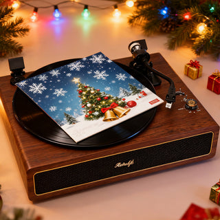 Christmas vinyl record on wooden turntable with festive lights and gifts