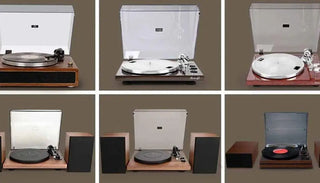 Six modern turntables and record players with dust covers and wood finishes displayed side by side.