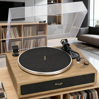 Wood turntable record player with dust cover in modern living room, vinyl storage shelves