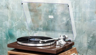 Retrolife HQKZ-006 record player with clear dust cover open on wooden table