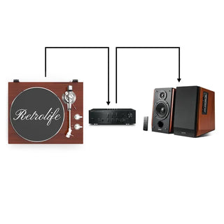 Bluetooth turntable with built-in phono preamp connected to amplifier and wooden speakers