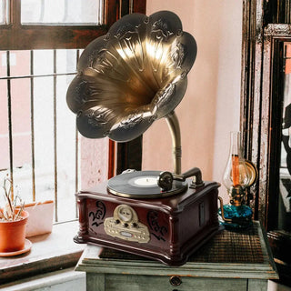 Retro solid wood gramophone with brass horn on vintage table by sunlit window