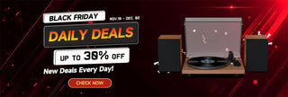 Black Friday sale banner with record player, speakers, up to 30% off daily deals offer