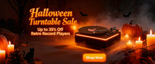 Halloween turntable sale banner with retro record player, pumpkins, candles, bats, and autumn decor