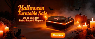 Halloween turntable sale banner with retro record player, pumpkins, candles, bats, and autumn decor