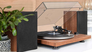 Modern wooden record player with external speakers and plant on white shelf