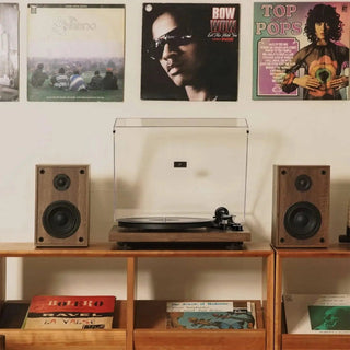 Vintage record player with wooden speakers on shelf, vinyl albums on wall and below
