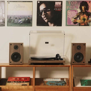 Vintage record player with wooden speakers on shelf, vinyl albums on wall and below
