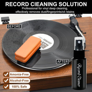 Vinyl record cleaning kit with soft velvet brush and record cleaner solution on a turntable.