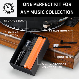 Record cleaning kit with storage box, cleaning solution, velvet brush, stylus and duster brush
