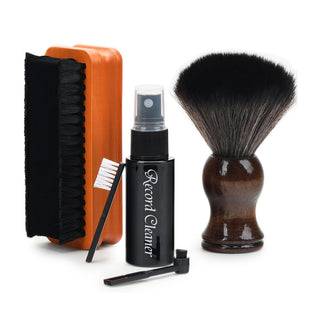 3-in-1 record cleaning kit with velvet brush, spray bottle, and dusting brush
