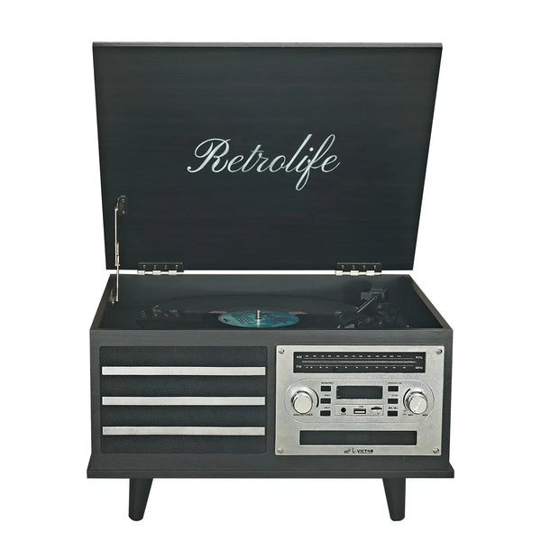 8-in-1 vinyl record player with built-in speakers and CD player, Retrolife branding