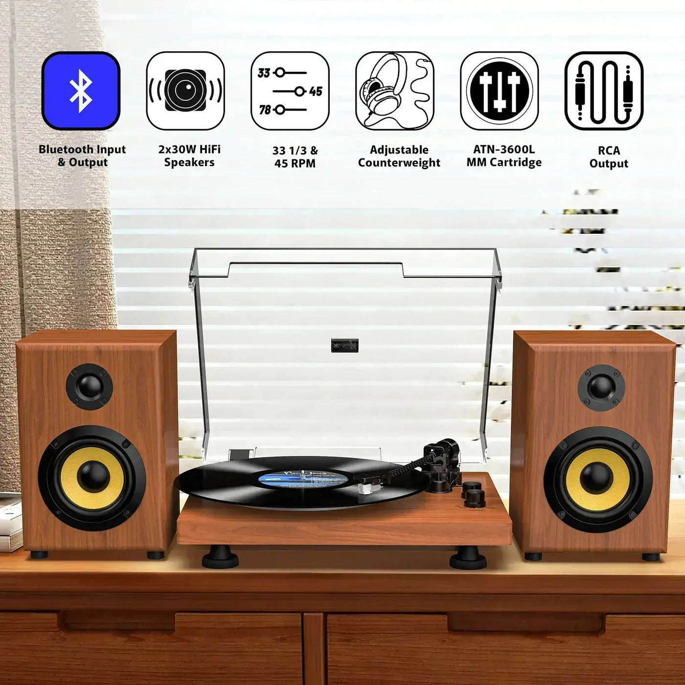 Bluetooth Input & Output Record Player HiFi System with 60W Speakers ...