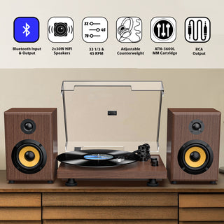 Bluetooth Input & Output Record Player HiFi System with 60W Speakers UD016