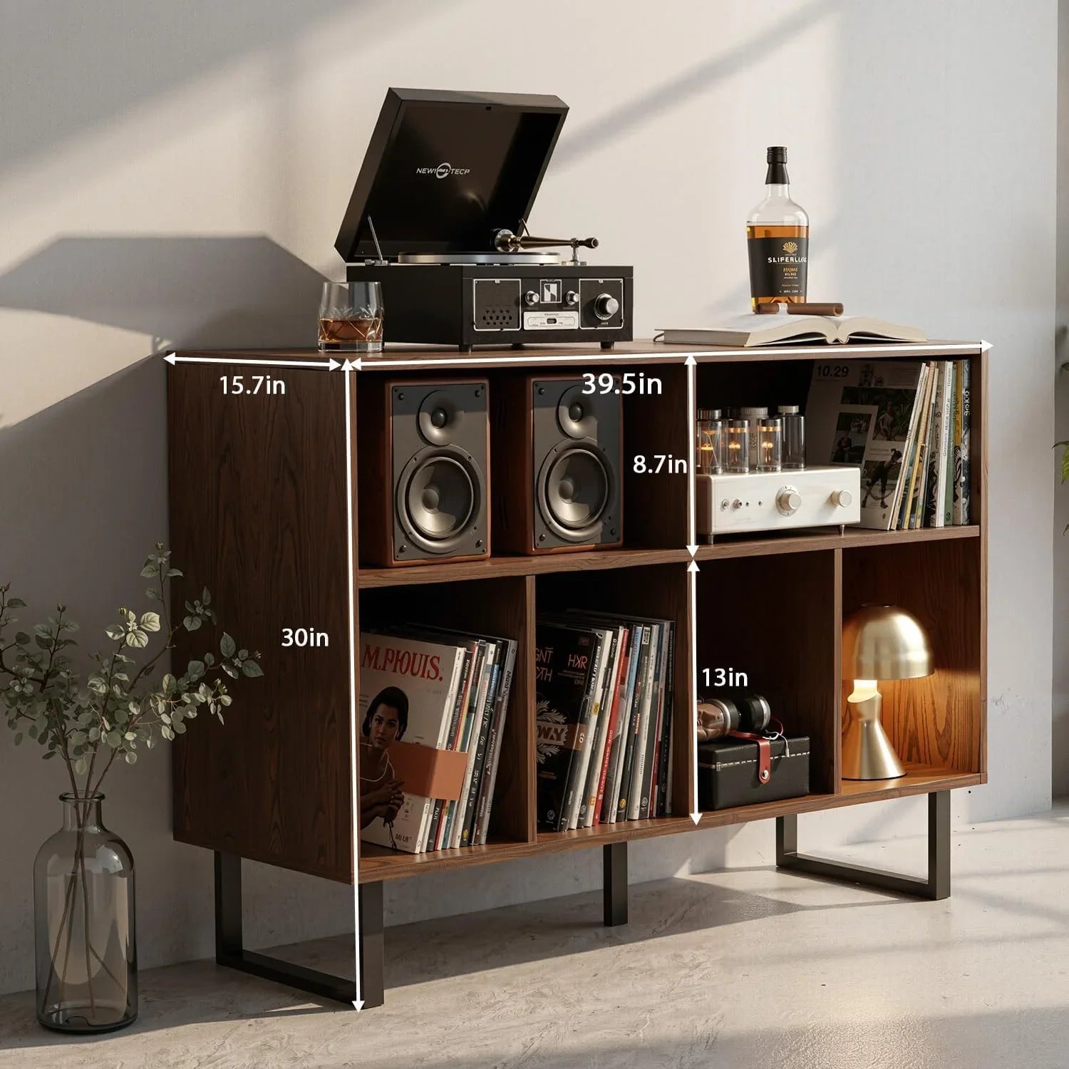 Mid-Century Modern Turntable Cabinet Media Console Holds 1000+