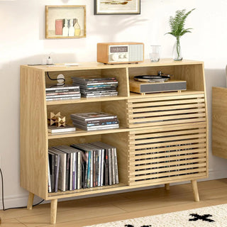 Mid-Century Record Player Stand with Charging Station and Large Vinyl Record Storage Retrolife Turntable Official Store