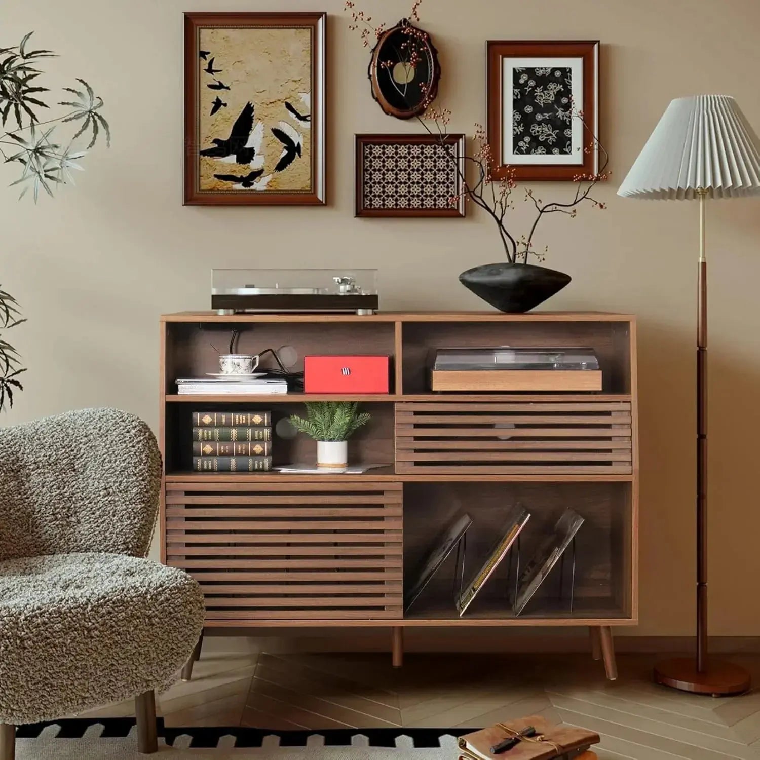 Mid-Century Record Player Stand with Charging Station & 450 Vinyl