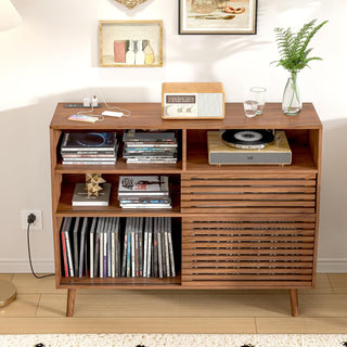 Mid-Century Record Player Stand with Charging Station and Large Vinyl Record Storage