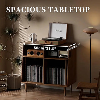 Record Player & Vinyl Storage Cabinet with Sliding Doors, Power Outlet 31.5"W  Retrolife Official Store 