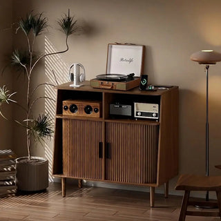 Record Player & Vinyl Storage Cabinet with Sliding Doors, Power Outlet 31.5"W  Retrolife Official Store 