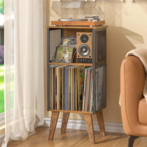 Wood and metal record player stand with turntable, speaker, and vinyl album storage in living room